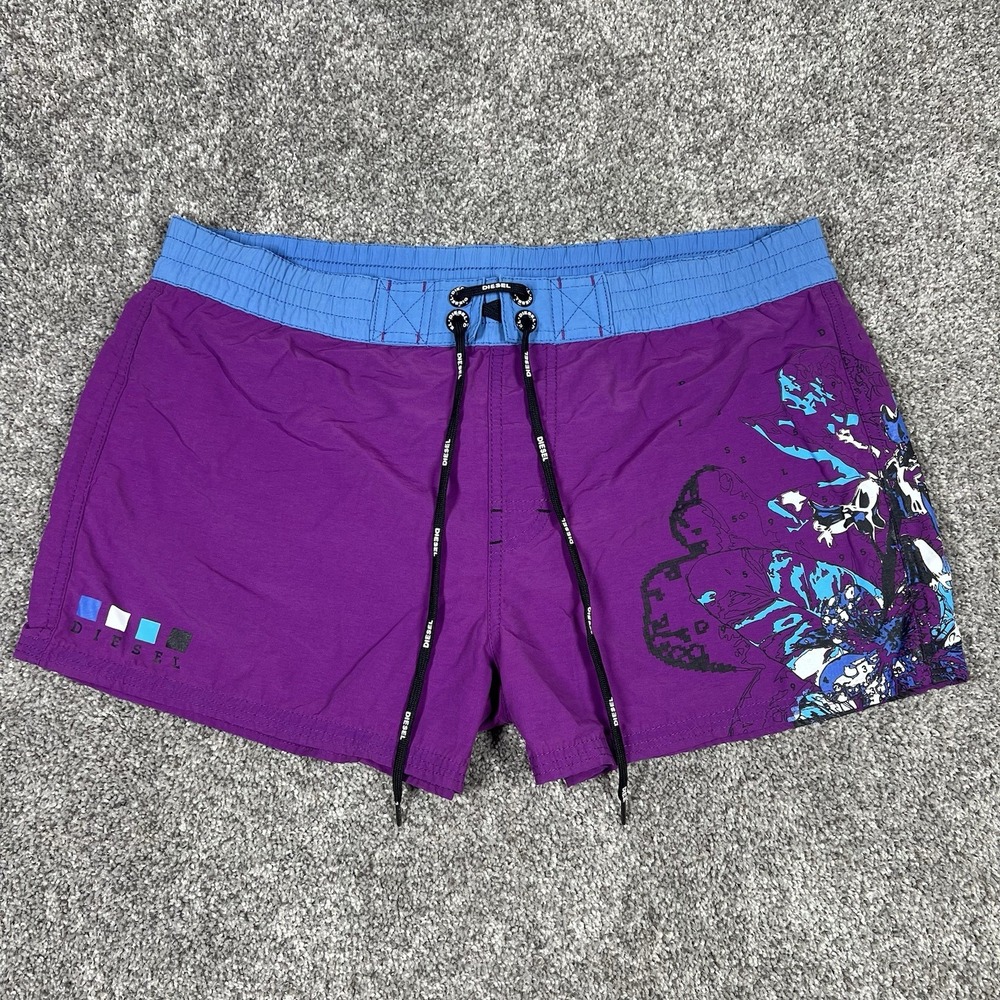 Vintage Diesel Womens Mini Shorts Size L Purple Nylon Stretch Drawstring Beach